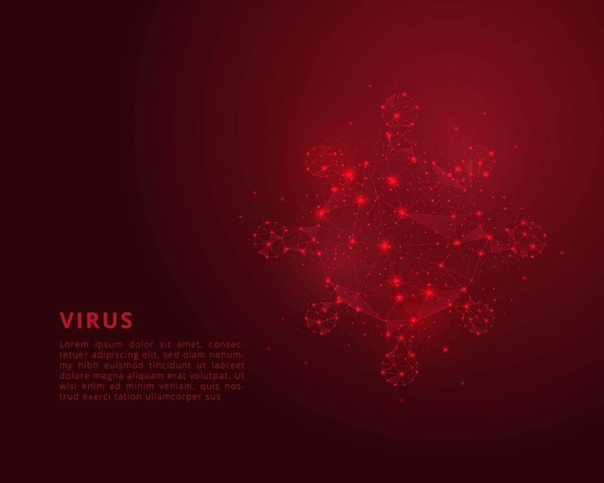 propagación mundial de virus y enfermedades. virus del COVID-19. Microbio viral de estructura metálica poligonal abstracto aislado sobre fondo rojo. ilustración vectorial. vector