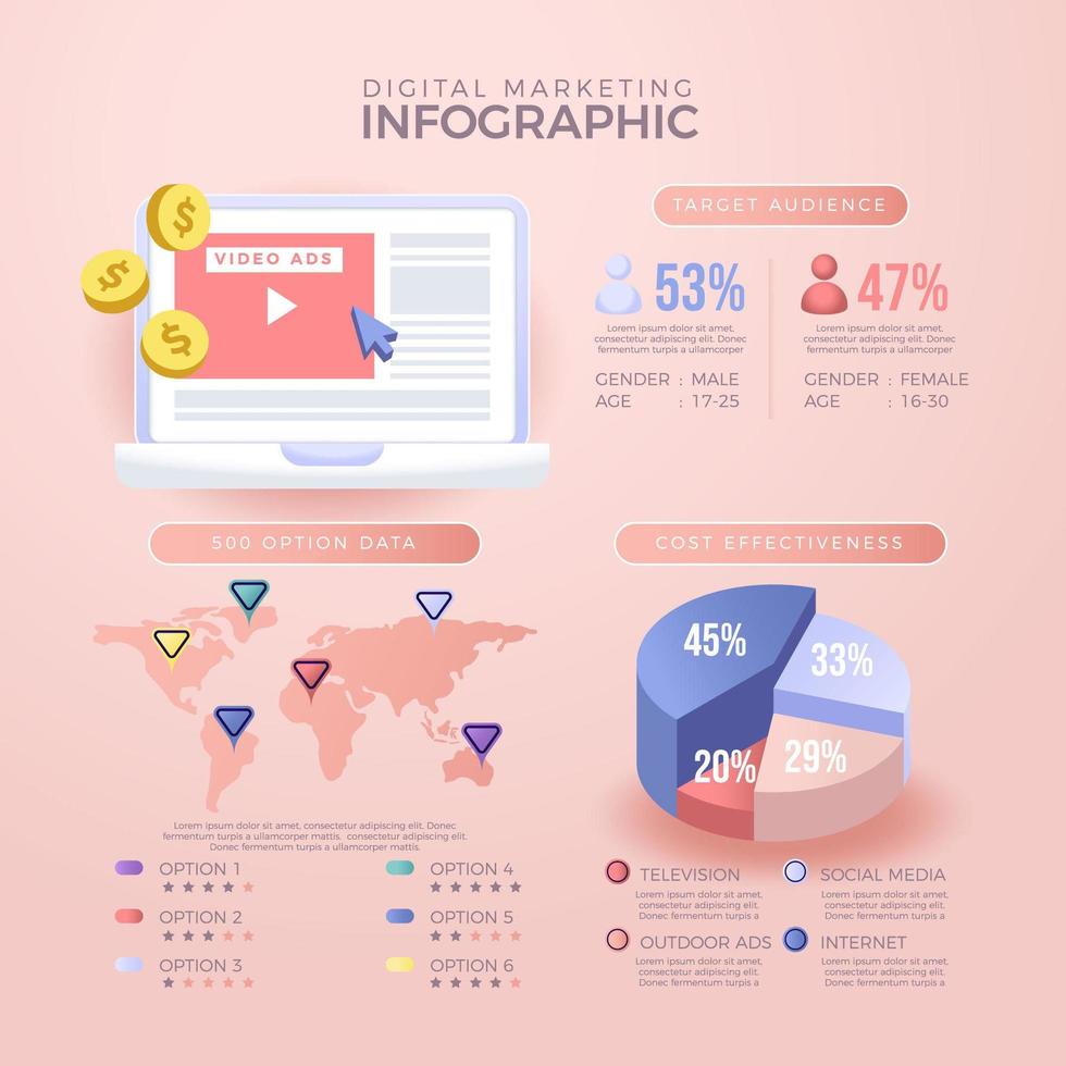 Infografía 3D llena de varios datos de marketing procesados. vector