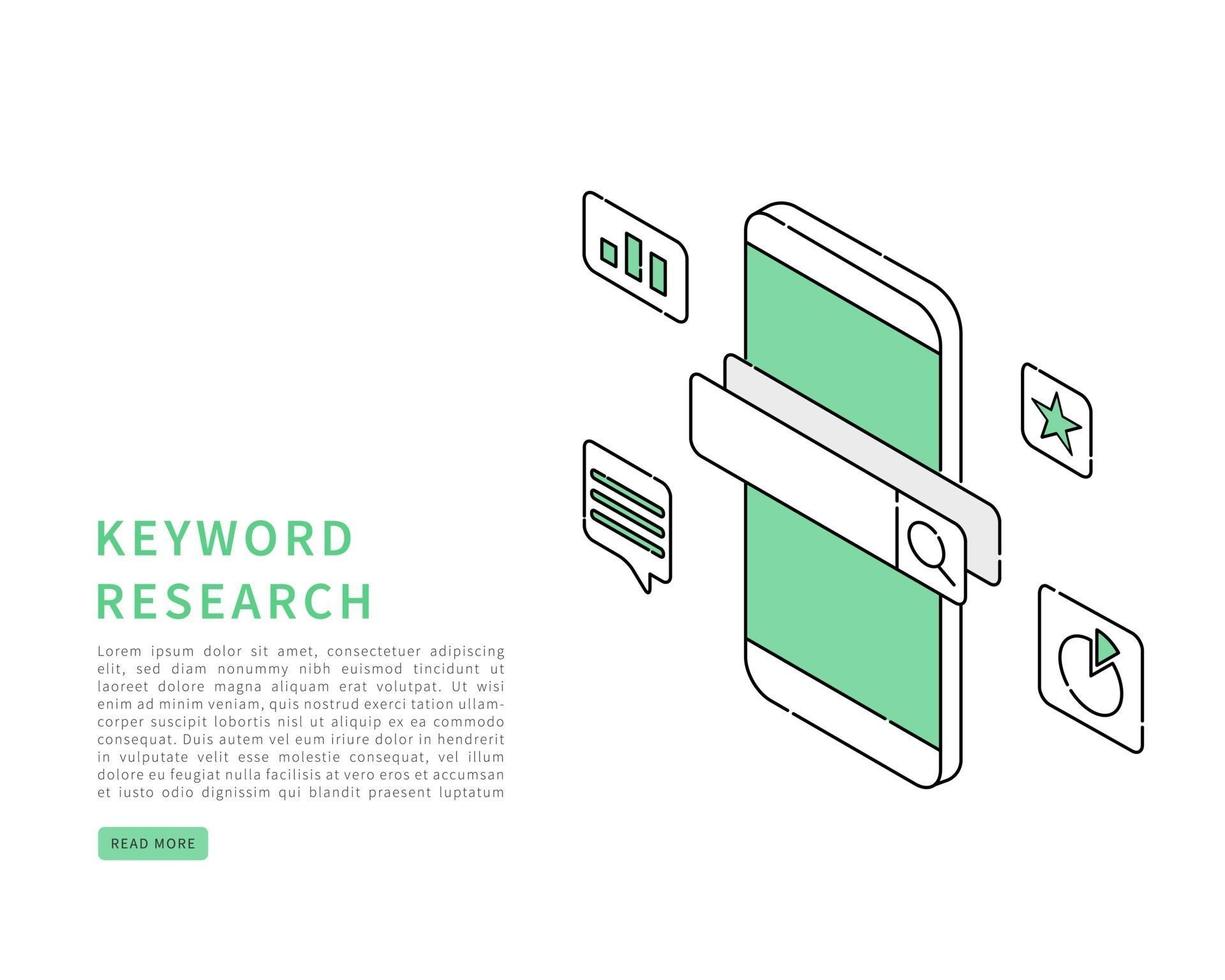 Seo keyword research concept. Keyword research and search engine optimization. Vector isometric in line art style.