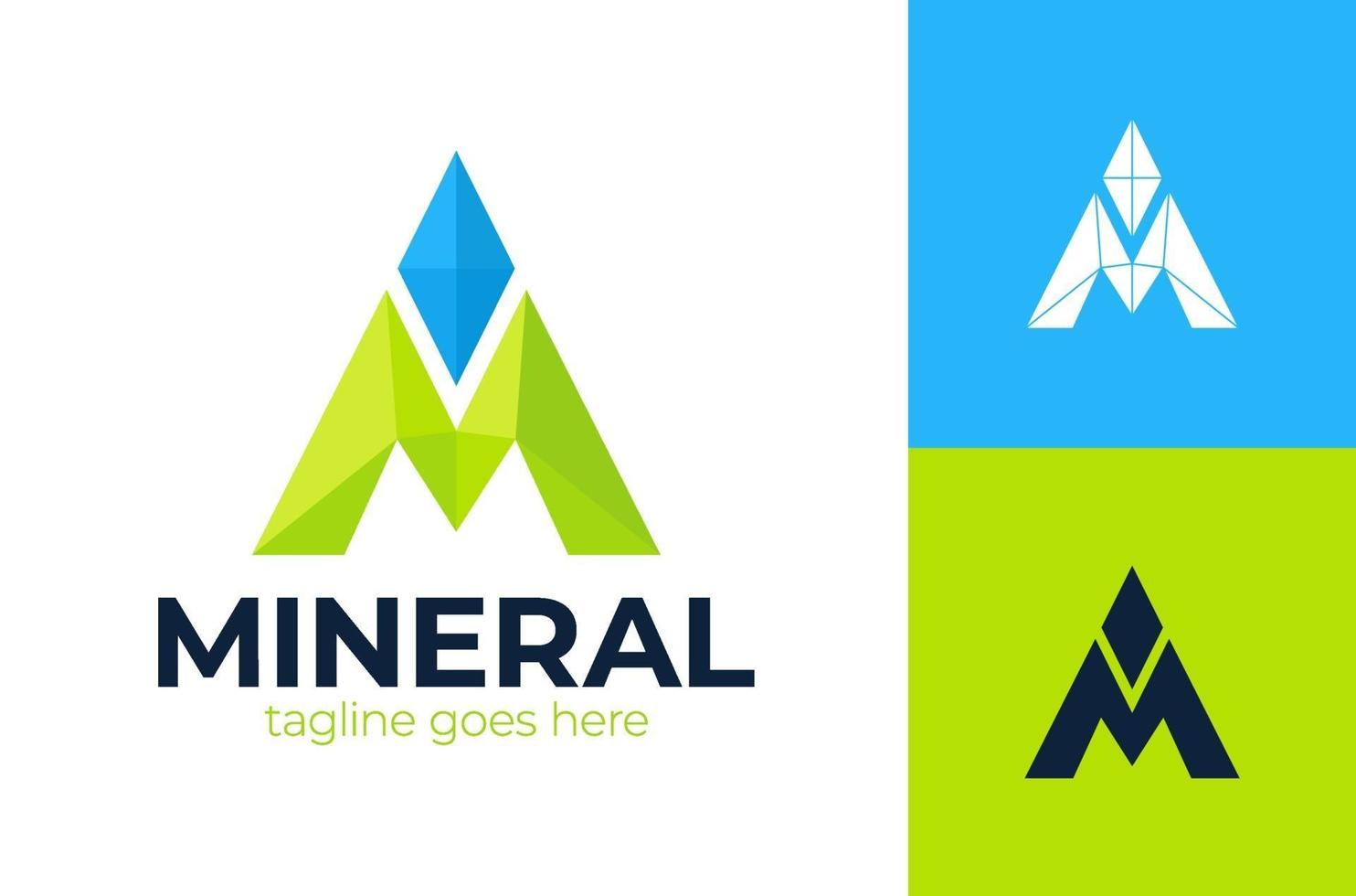 Letra m logotipo de mineral de espacio negativo. línea pin diamante triángulo logotipo vector