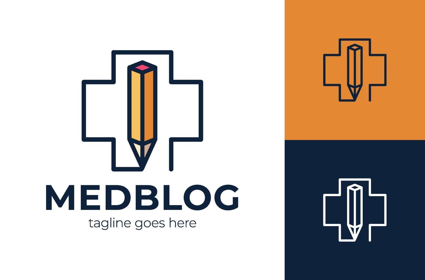 concepto de logotipo de clínica de creatividad, cruz médica de combinación de lápiz, estilo de logotipo de color simple vector