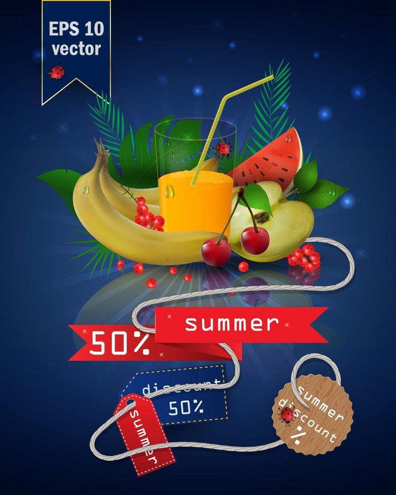 ilustración de venta de verano con fruta y jugo vector