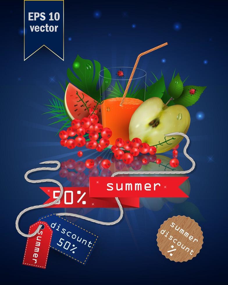 ilustración de venta de verano con fruta y jugo vector