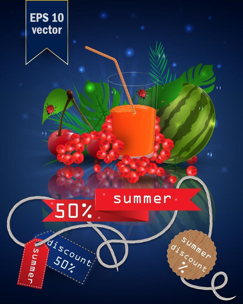 ilustración de venta de verano con fruta y jugo vector