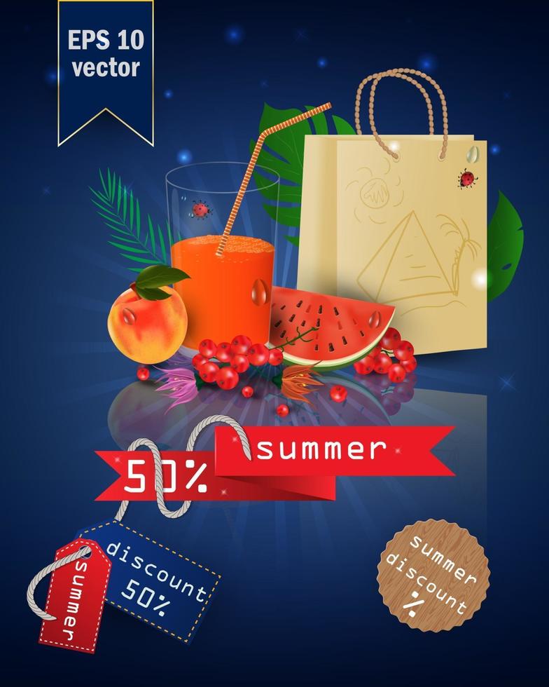 ilustración de venta de verano con fruta y jugo vector