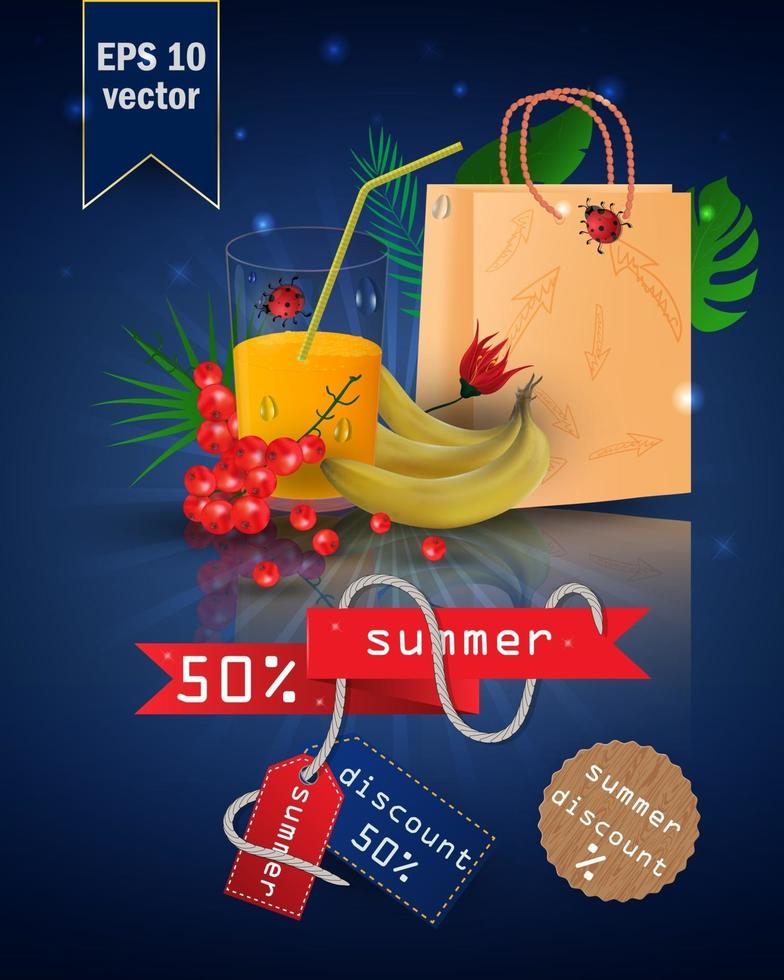 ilustración de venta de verano con fruta y jugo vector