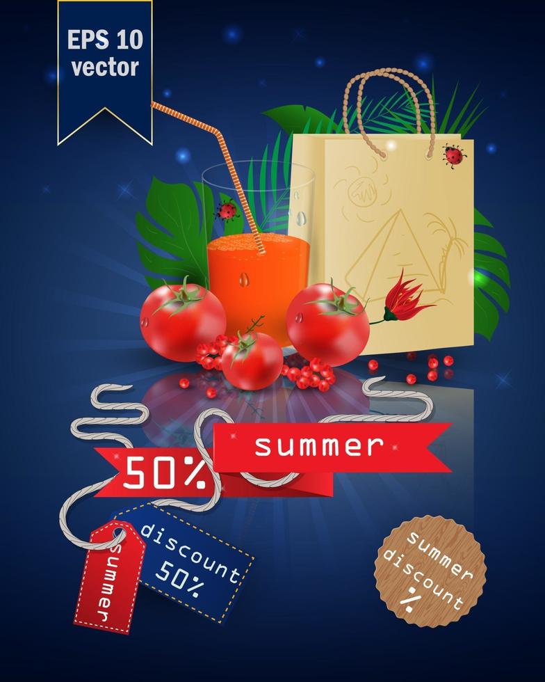 ilustración de venta de verano con fruta y jugo vector