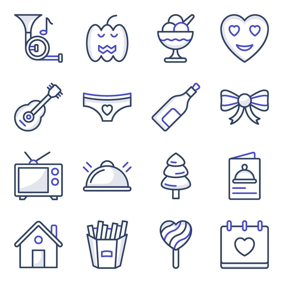 paquete de iconos planos de fiesta y evento vector