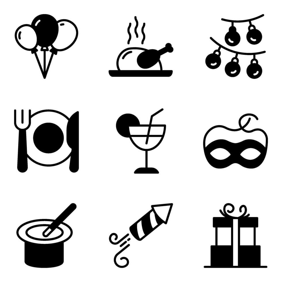 Pack of Party and Food Solid Icons vector