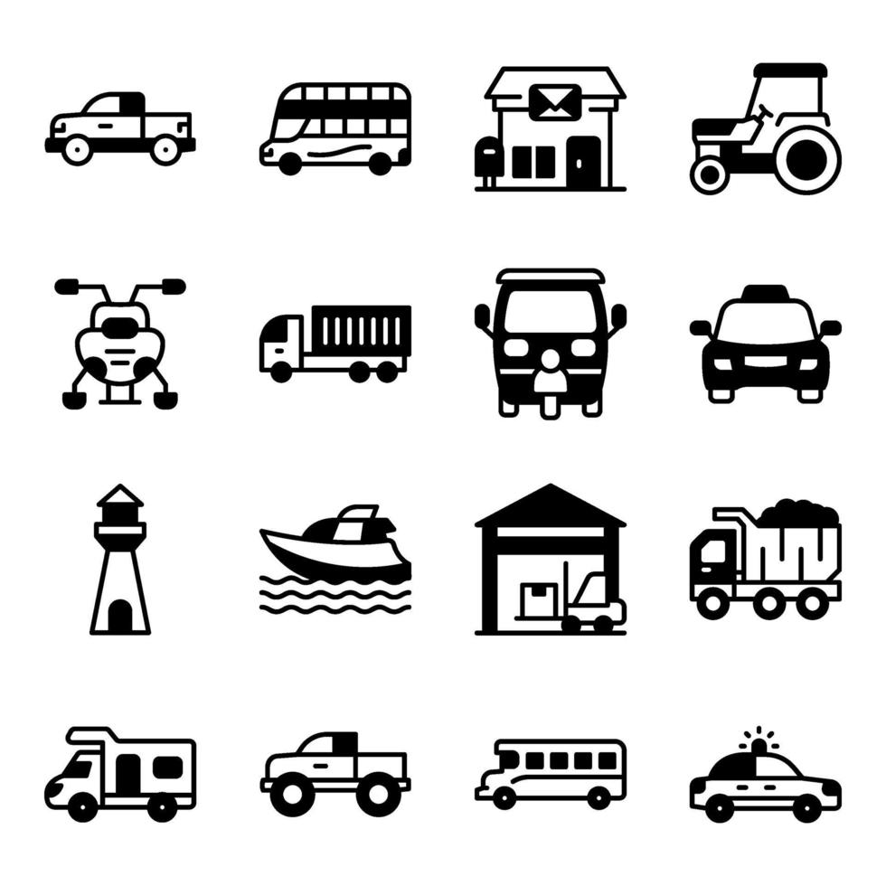 paquete de iconos sólidos de transporte vector