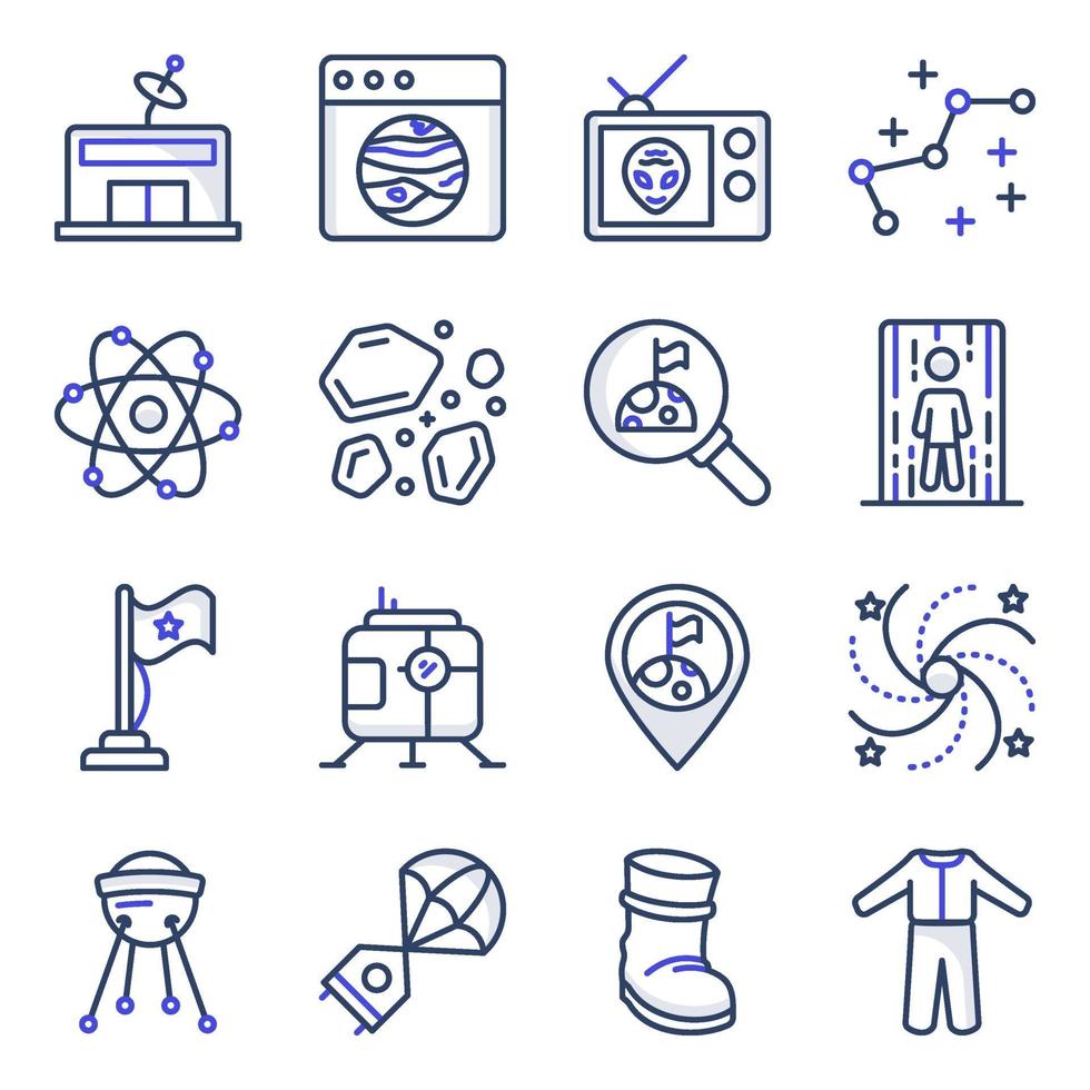 paquete de iconos planos de espacio y astronomía vector