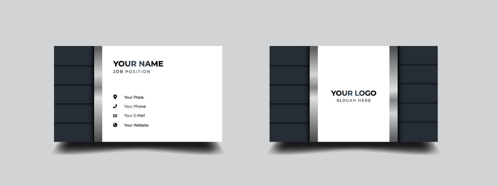 Black and white business card. Luxury and elegant  with silver metallic design. Vector illustration print template.