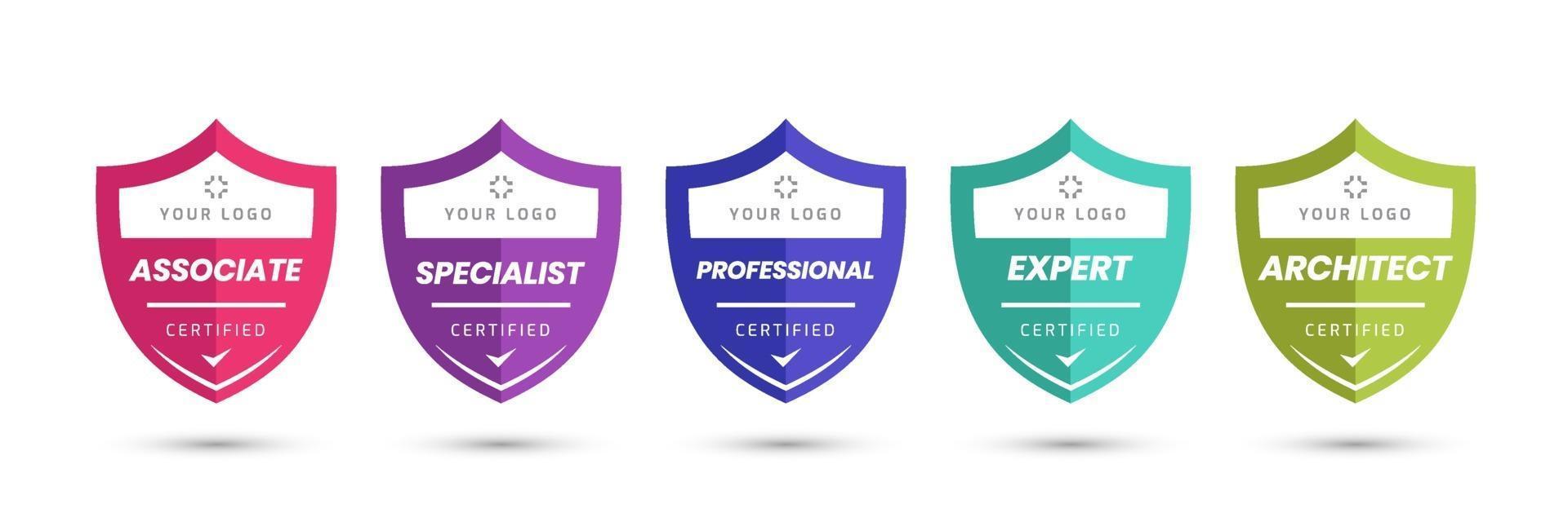 Certified logo badge with shield shape vector. Digital certificates of criteria levels. Vector security icon template.