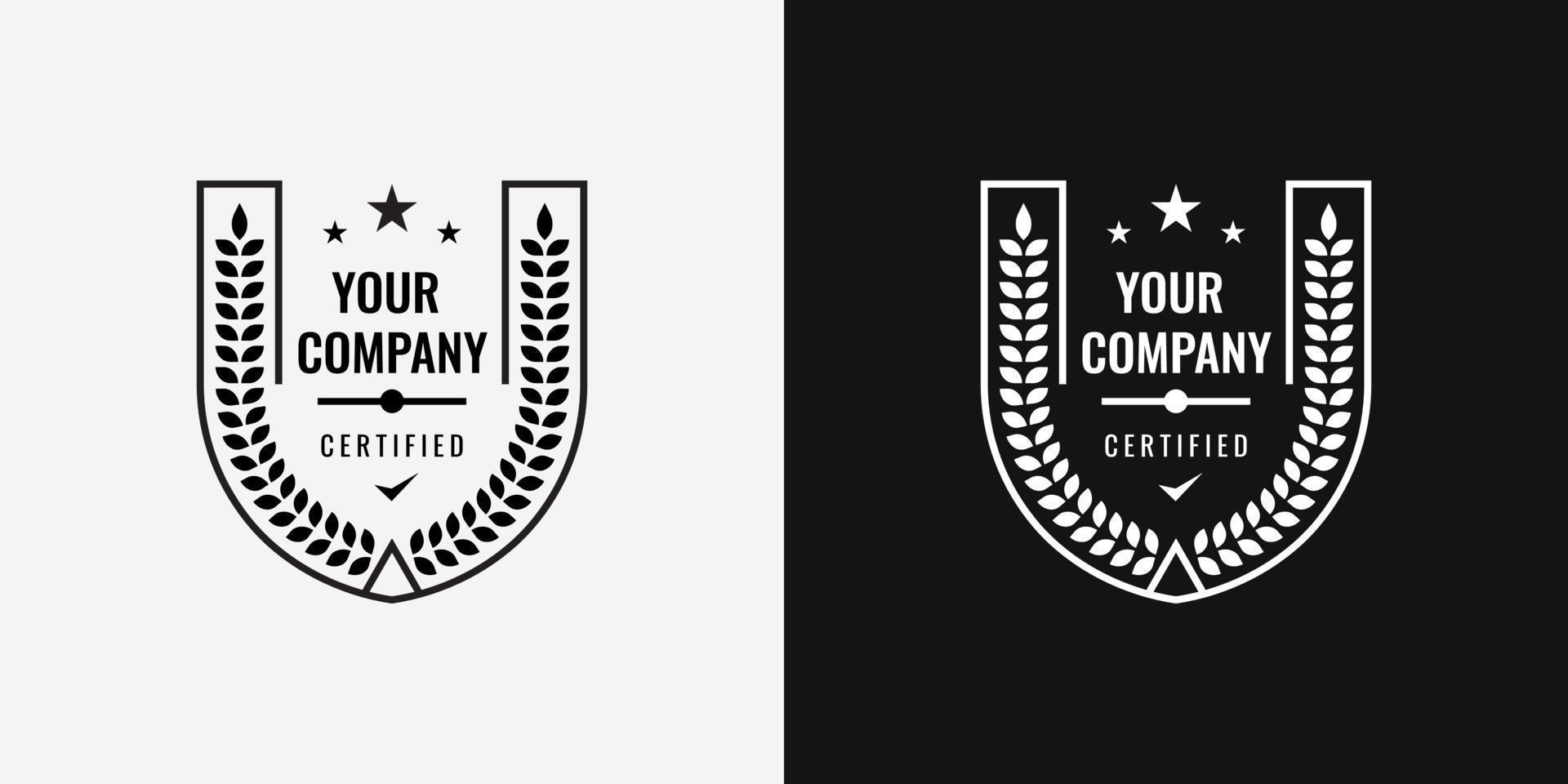 Insignia de logotipo para empresa certificada en blanco y negro. diseño adecuado para certificación, aniversario, etiqueta de empaque, logotipo de alimentos y bebidas, etc. plantilla de ilustración vectorial. vector