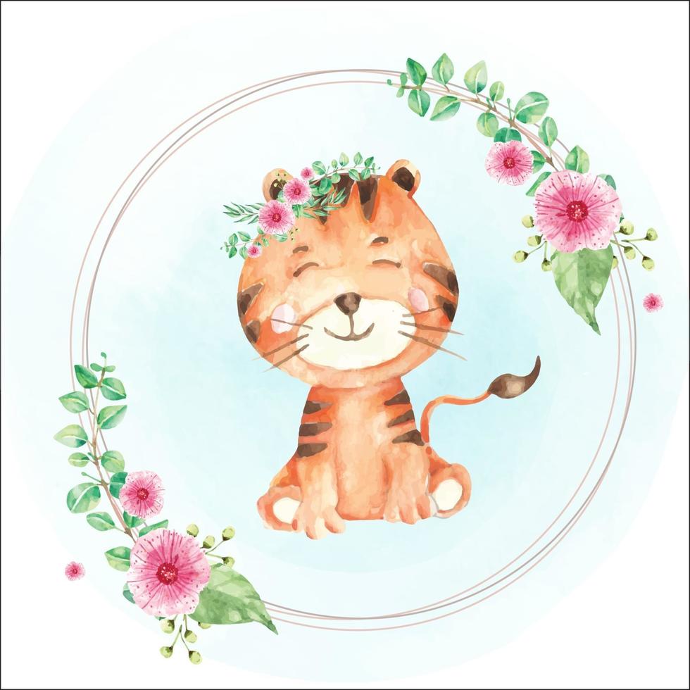 Watercolor cute tiger illustration with circle frame vector