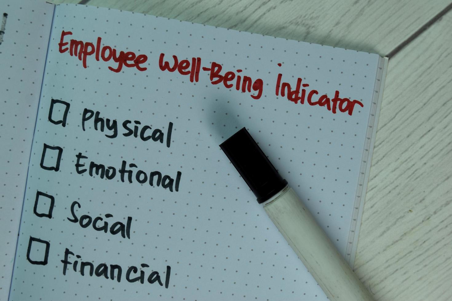 Employee wellbeing indicator written on a book with additional services isolated on wooden table photo