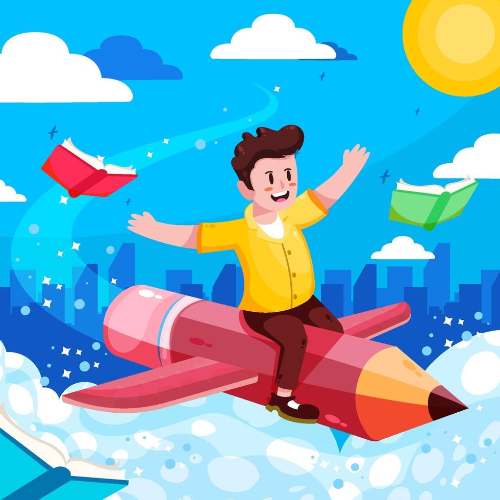 Boy Ride Pencil Fly on The Clouds Concept vector