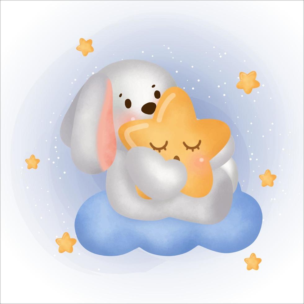 Watercolor cute rabbit holding the moon card. vector