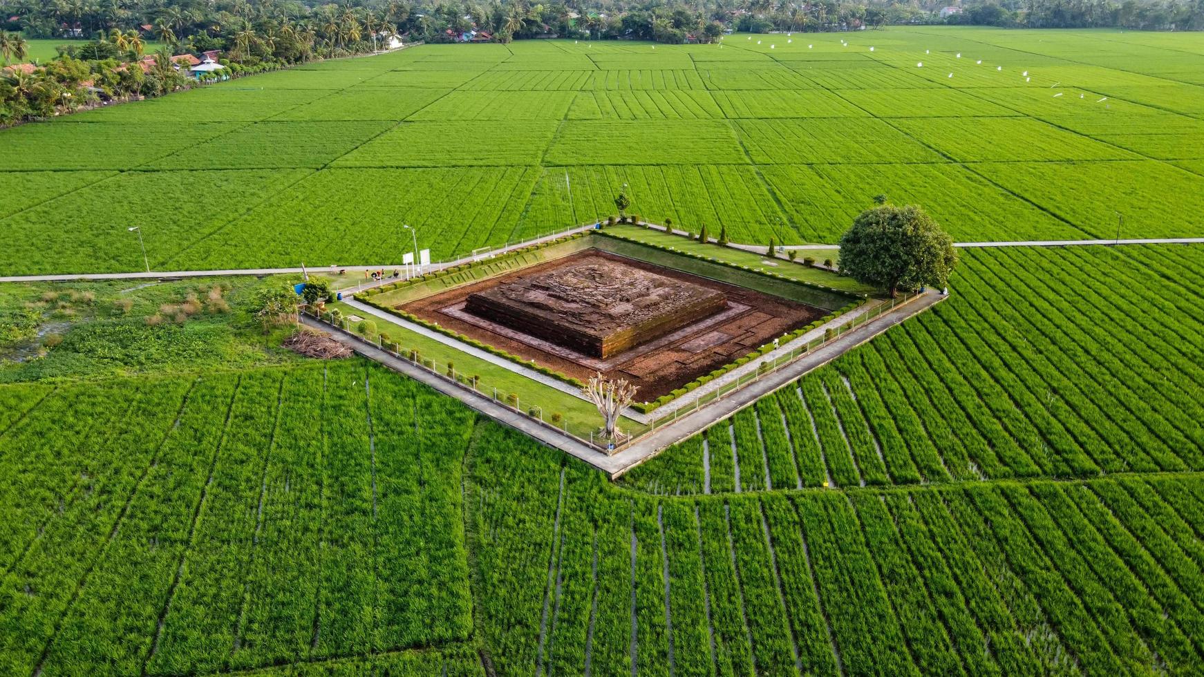 Karawang, Indonesia 2021- Aerial drone view of Blandongan Temple at Karawang and surrounded by green grass photo