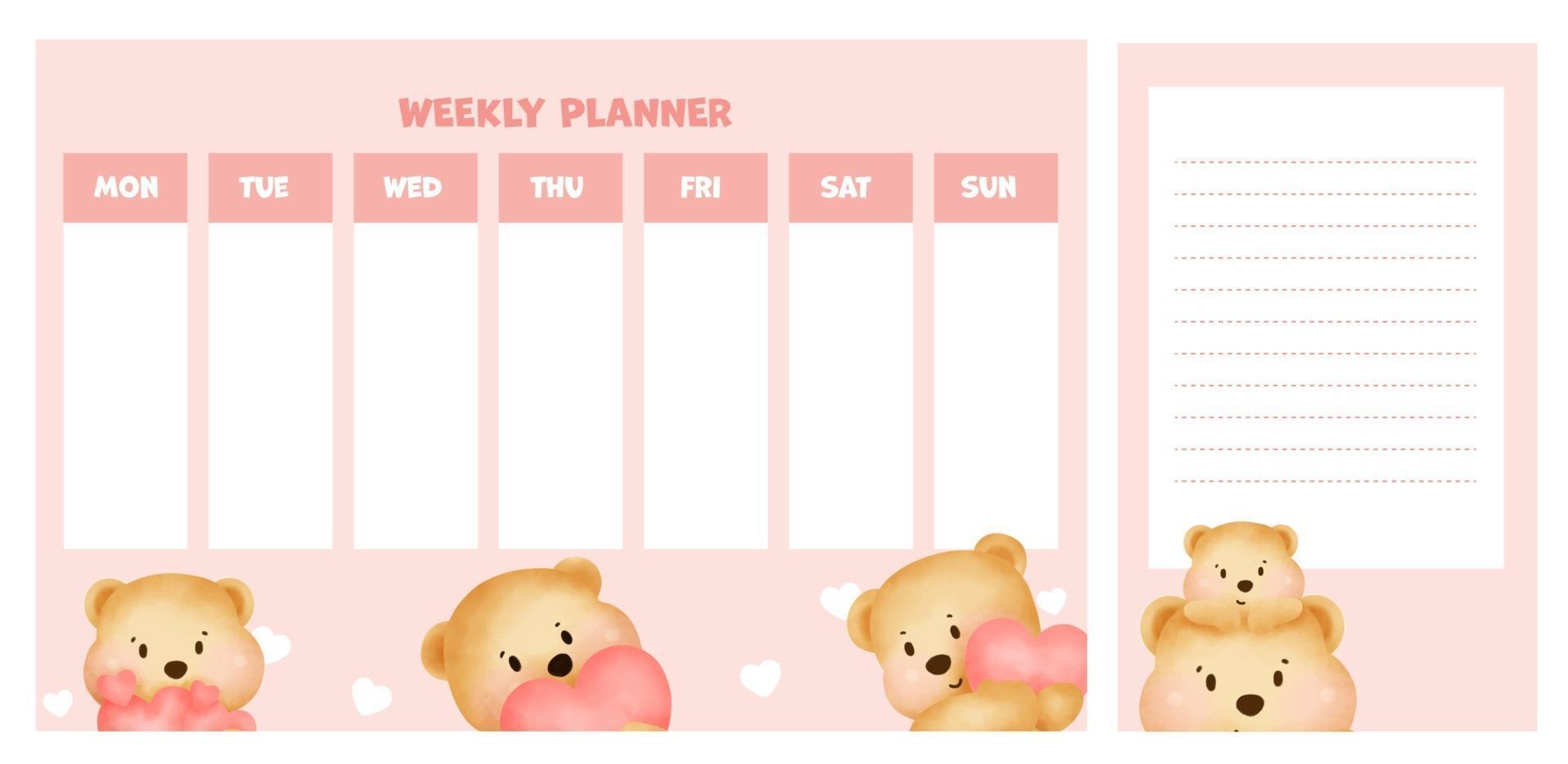 weekly planner with cute watercolor teddy bear. vector