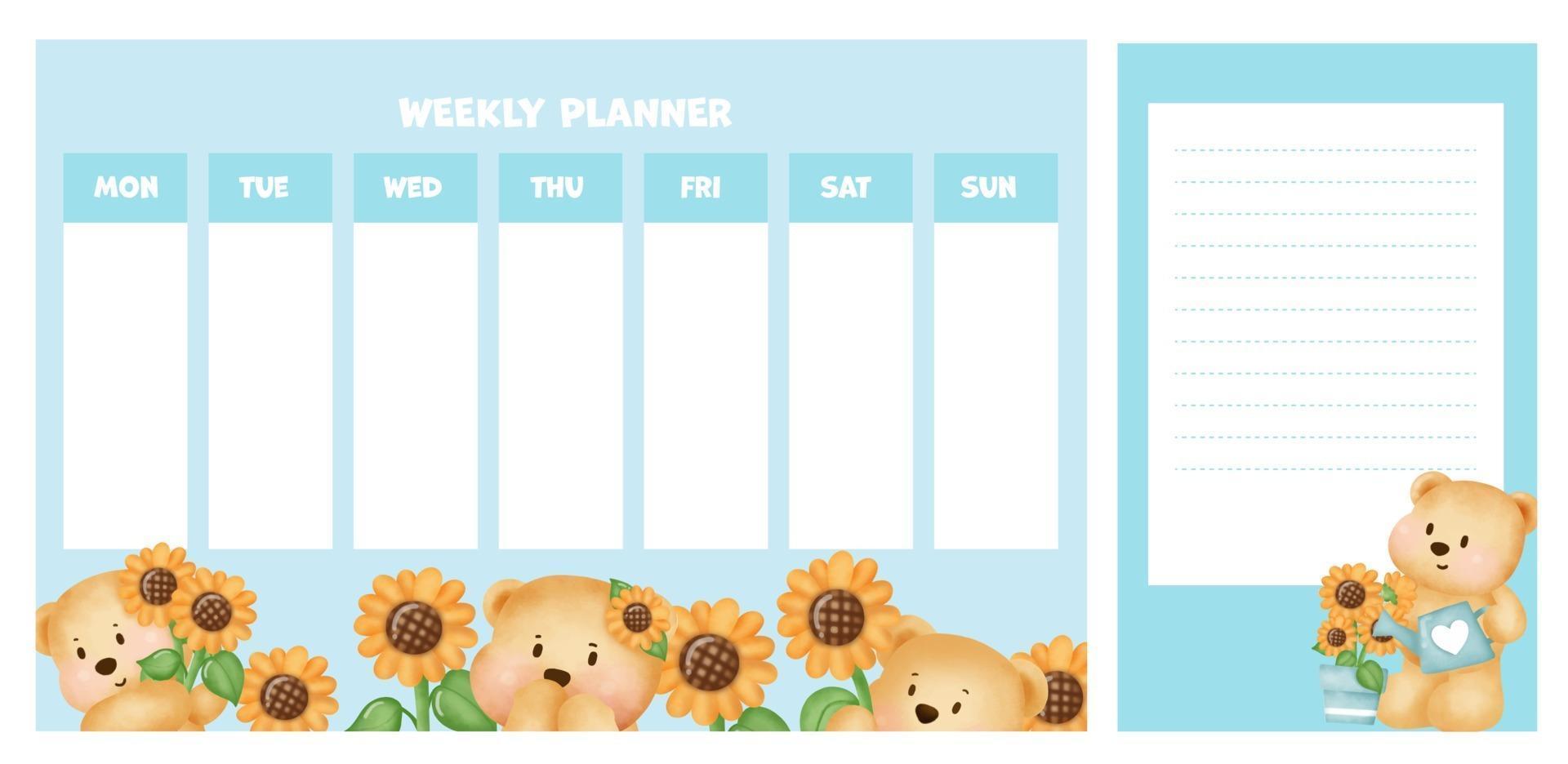 weekly planner with cute watercolor bear in sunflower field. vector