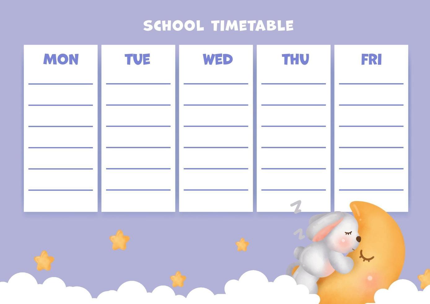 School time table with cute watercolor rabbit. vector