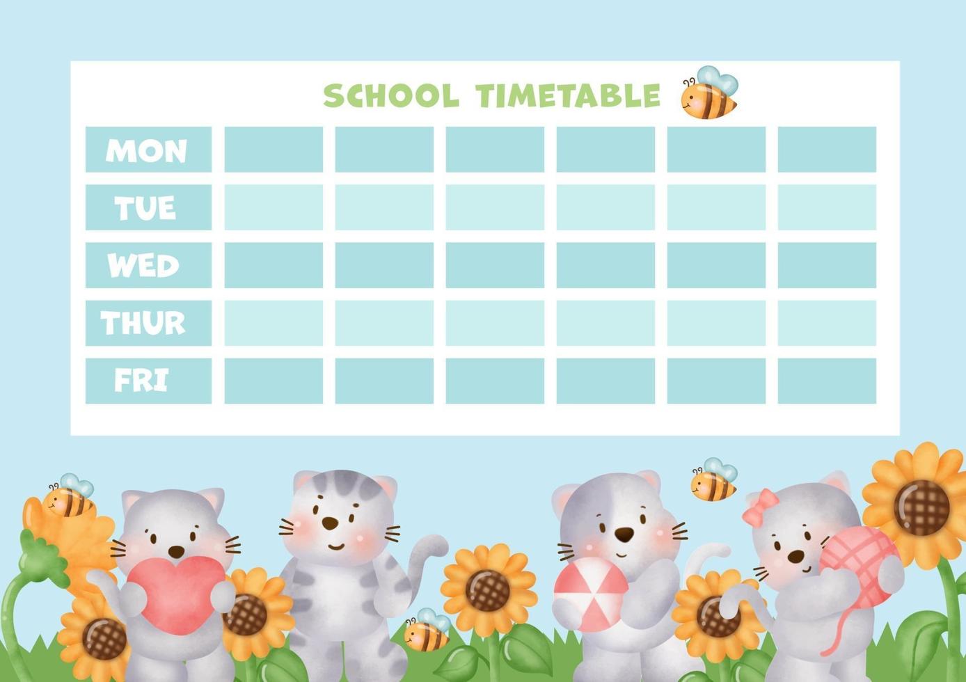 school timetable with cute watercolor cats. vector