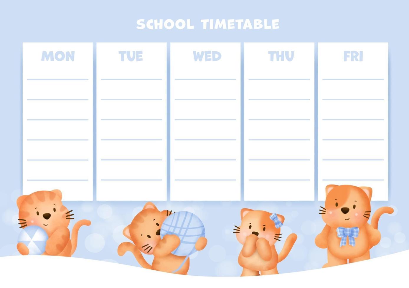 school timetable with cute watercolor cats. vector