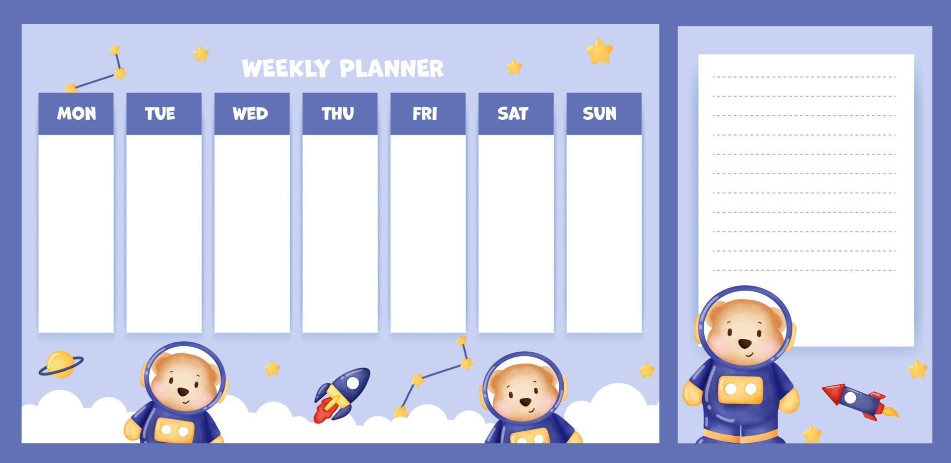 weekly planner with cute watercolor bear in the galaxy vector