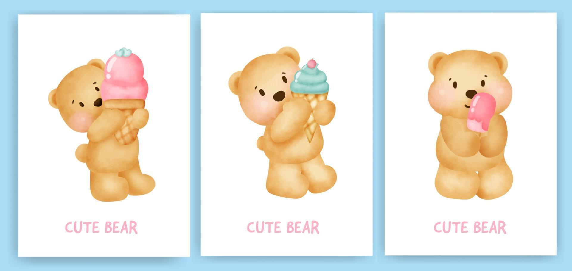 Cute teddy bear holding a ice cream greeting card set in watercolor style. vector