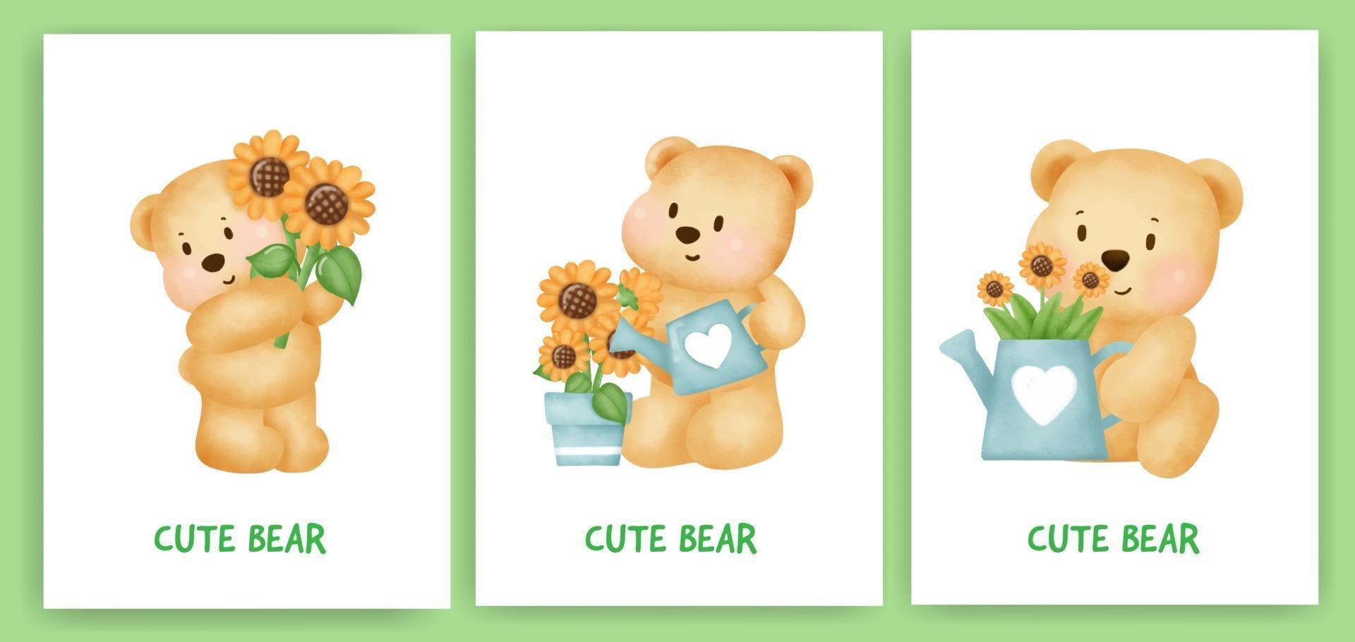 Cute teddy bear greeting card set in watercolor style. vector