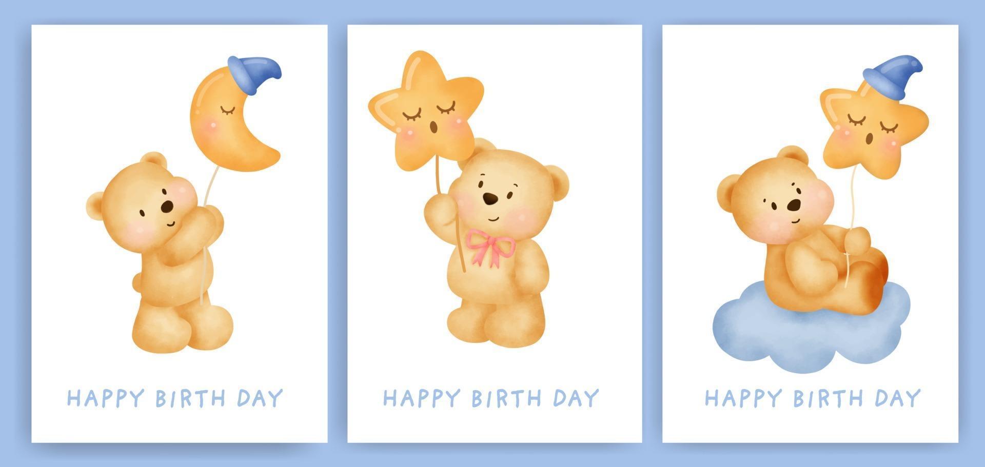 Happy birthday greeting cards set with cute watercolor bear. vector