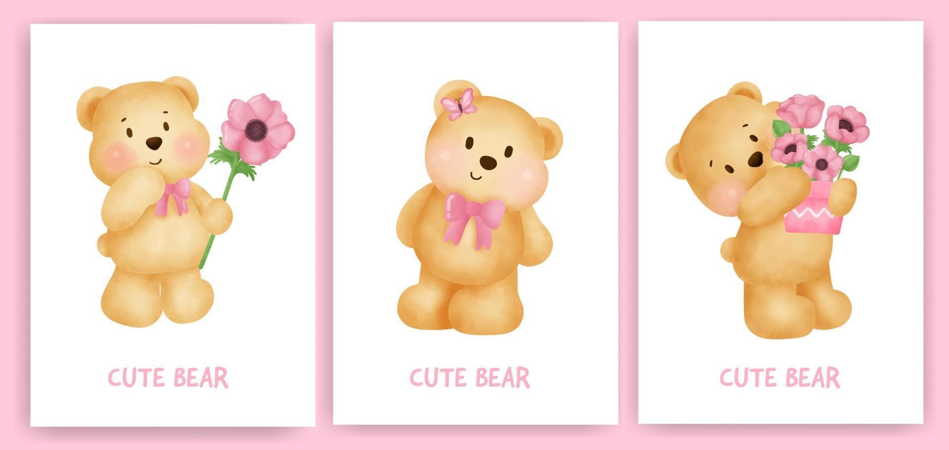 Cute teddy bear holding a flower card set in watercolor style. vector