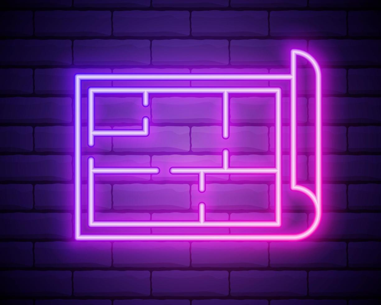 Glowing neon House plan icon isolated on brick wall background. Vector Illustration