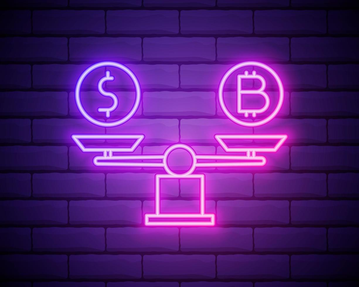 Bitcoin vs dollar on scales neon icon. Elements of bitcoin blockchain set. Simple icon for websites, web design, mobile app, info graphics isolated on brick wall vector