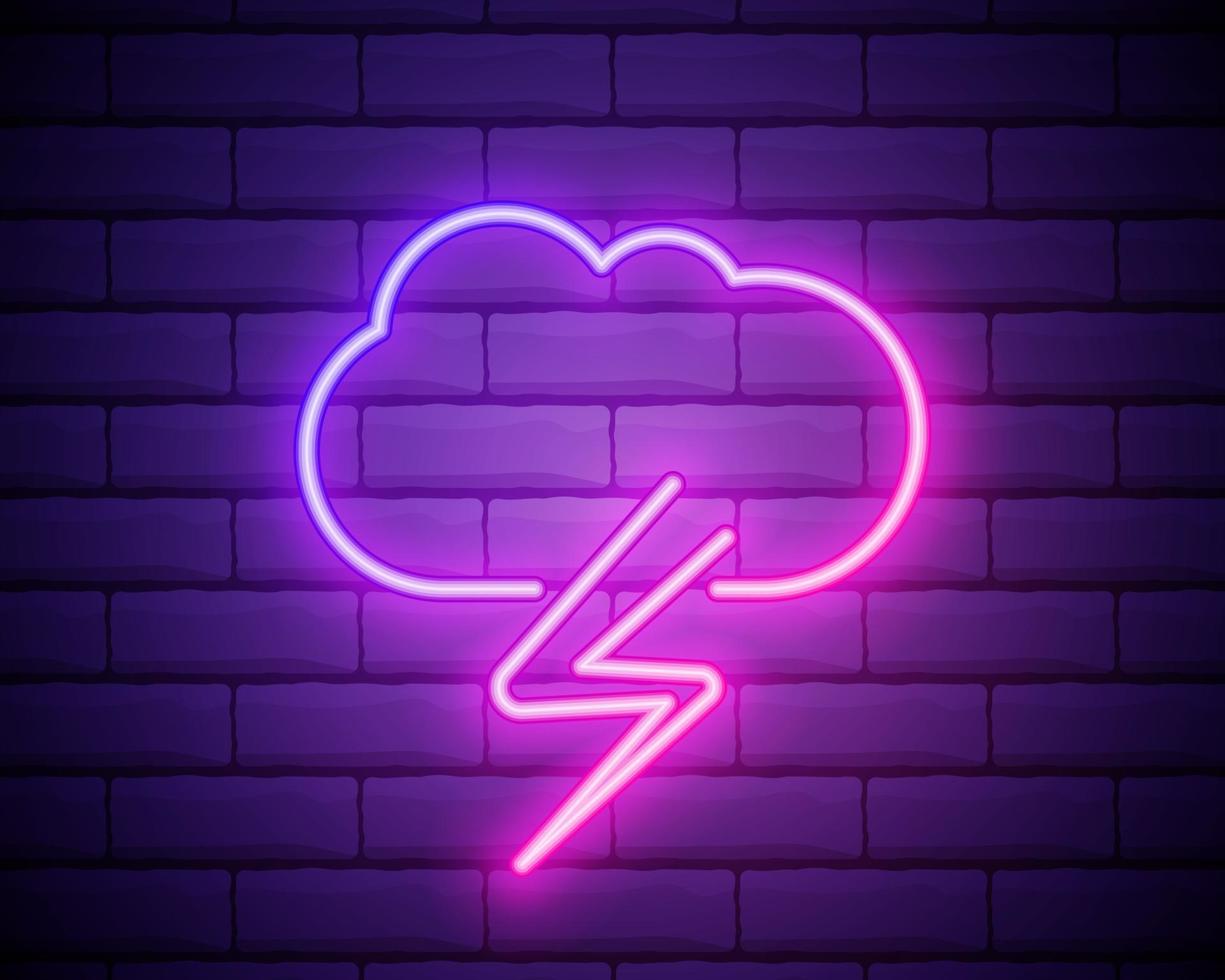 Lilac pink neon sign on brick wall Storm cloud with rain and lightning. Thunderstorm illustration vector