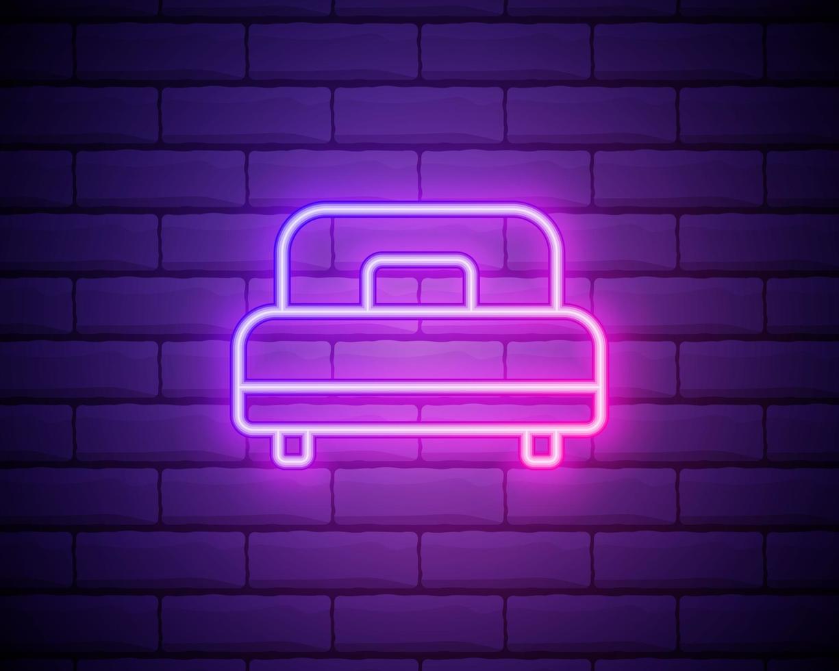 icono de neón de la cama. elementos del conjunto de muebles. icono simple para sitios web, diseño web, aplicaciones móviles, gráficos de información aislados en la pared de ladrillo vector