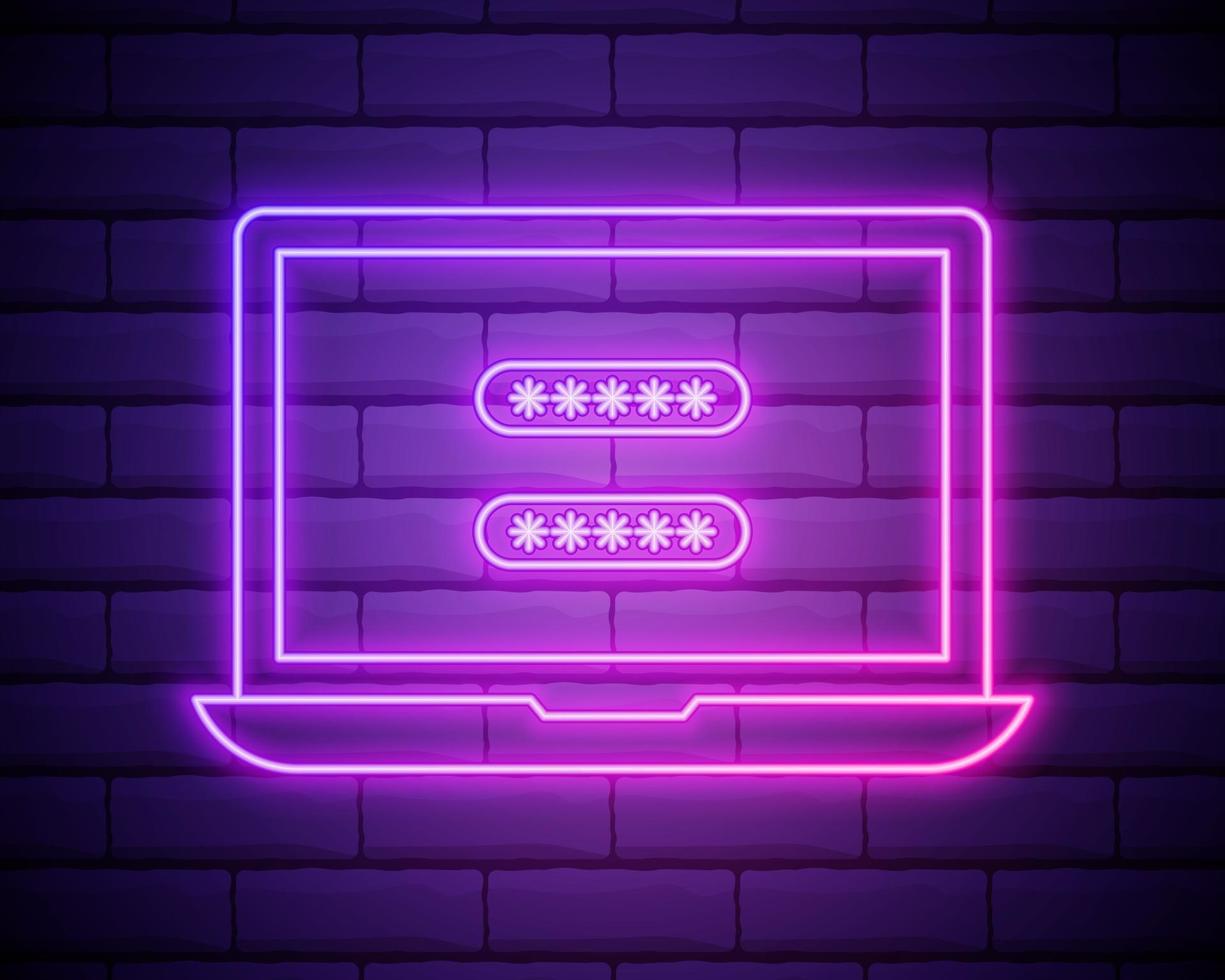 Glowing neon Laptop with password notification icon isolated on brick wall background. Concept of security, personal access, user authorization, login form. Vector Illustration