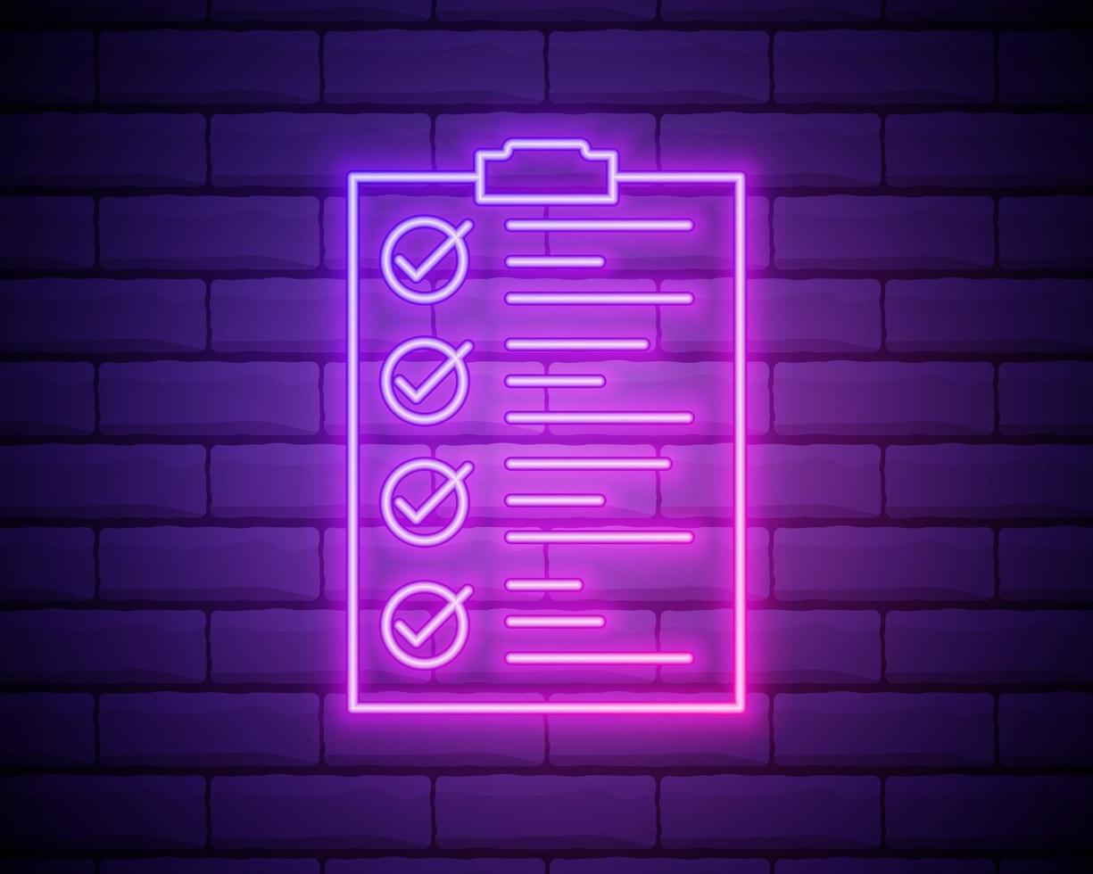 Glowing neon line Clipboard with checklist icon isolated on brick wall background. Control list symbol. Survey poll or questionnaire feedback form. Vector Illustration isolated on brick wall