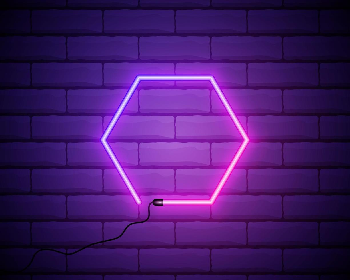 Bright neon hexagon frame for banner or sign isolated on a dark brick wall. Pink and purple light. vector