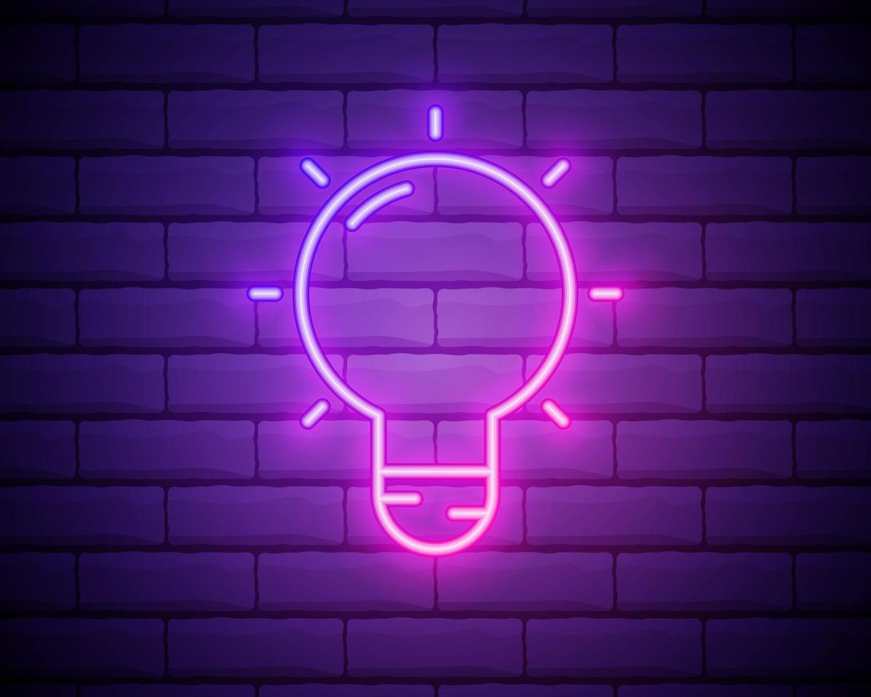Light bulb neon sign. Idea concept design. Night bright neon sign, colorful billboard, light banner. Vector illustration in neon style. Brick wall.