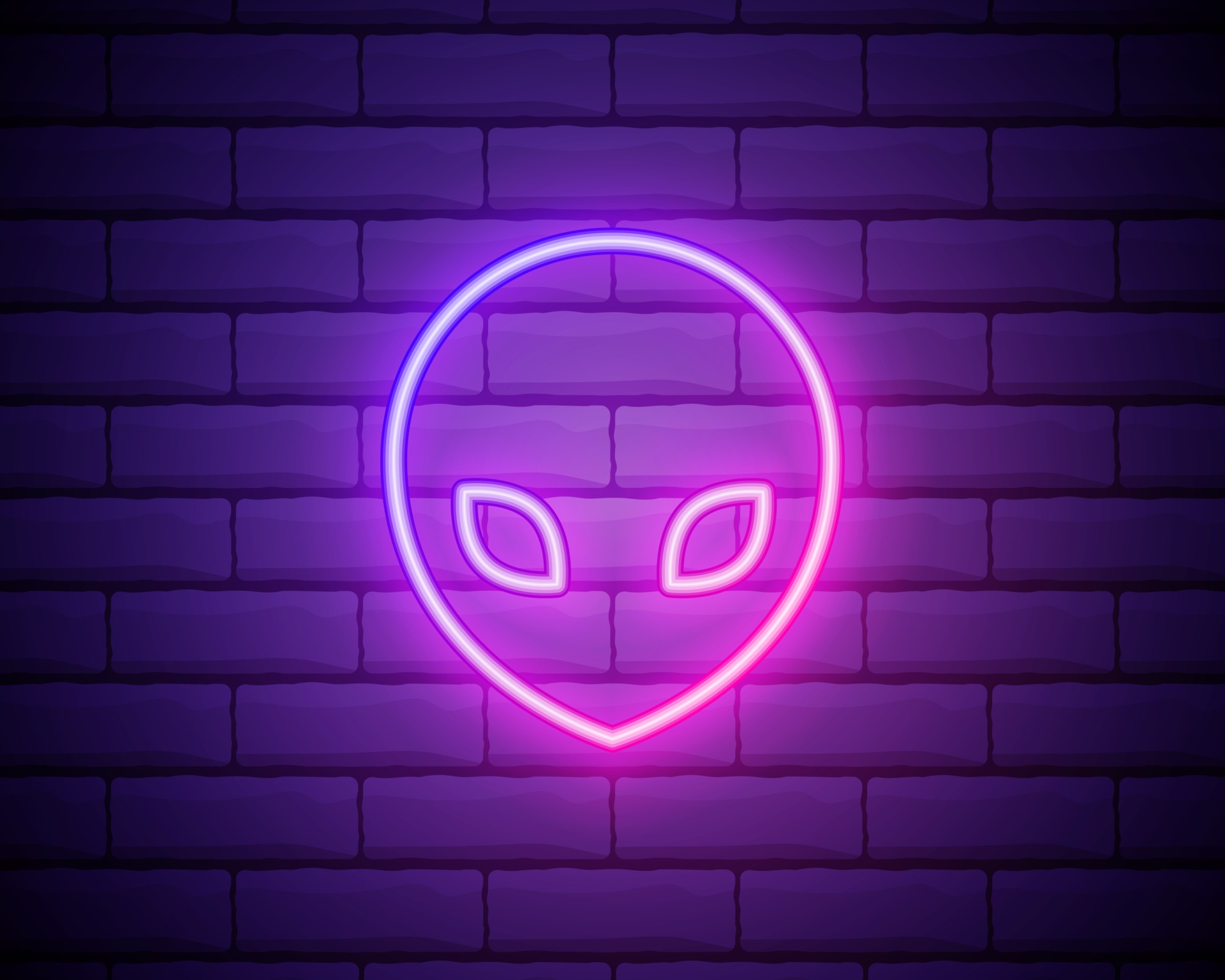 Glowing neon Alien icon isolated on brick wall background