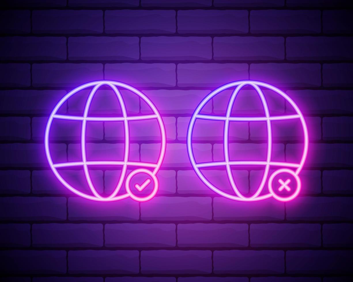 Planet Earth neon sign. Bright glowing symbol isolated on brick wall background. Neon style icon . Planet with tick and cross icons. Vote. Election vector