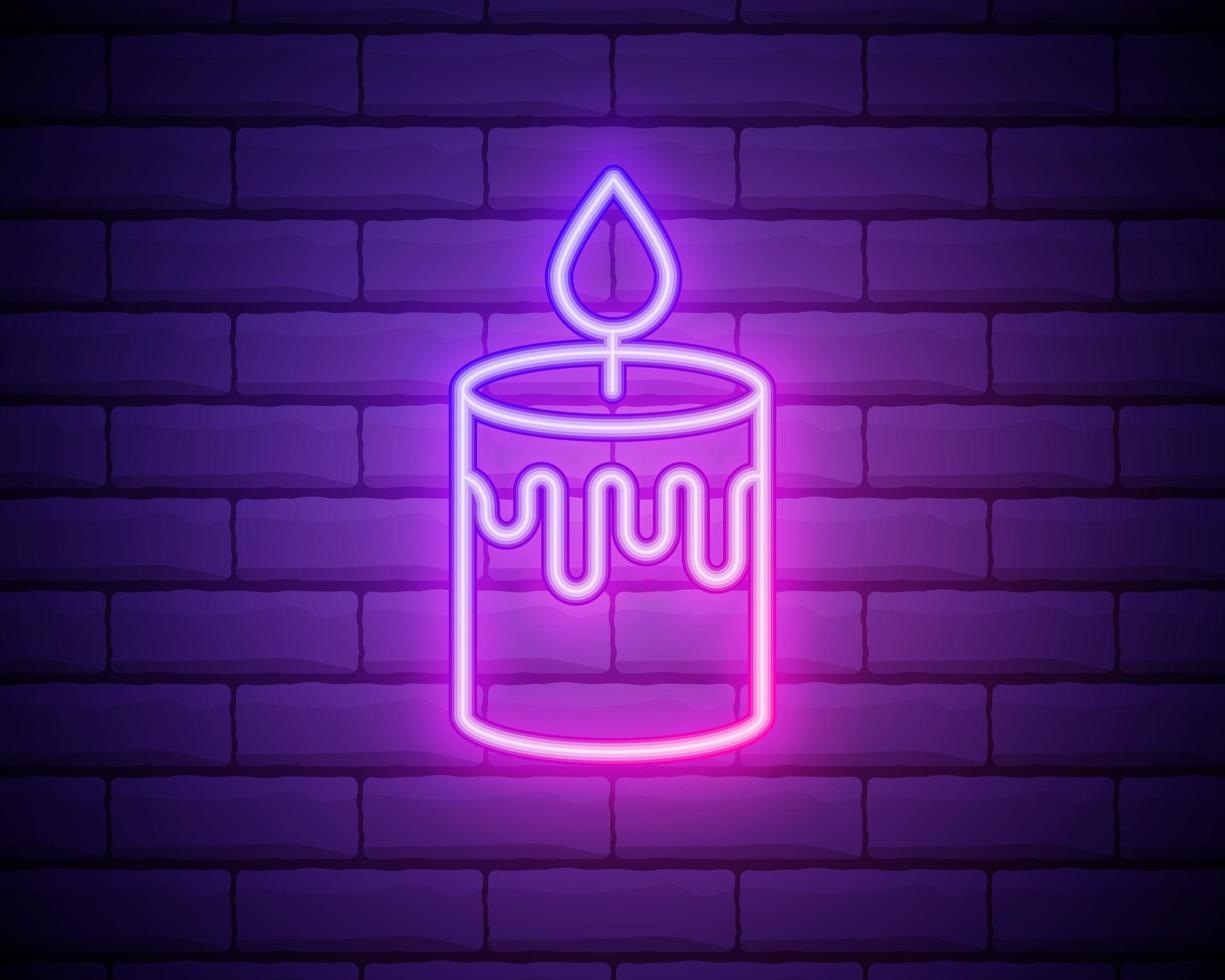 Glowing neon line Burning candle icon on brick wall background. Old fashioned lit candle. Cylindrical candle stick with burning flame. Colorful outline concept. Vector Illustration