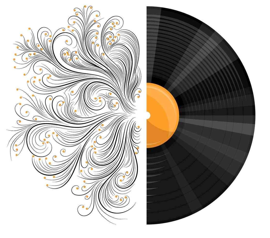 Vector image of a musical record with a pattern or engraving in a realistic style with cartoon elements. EPS 10. Isolated on white background