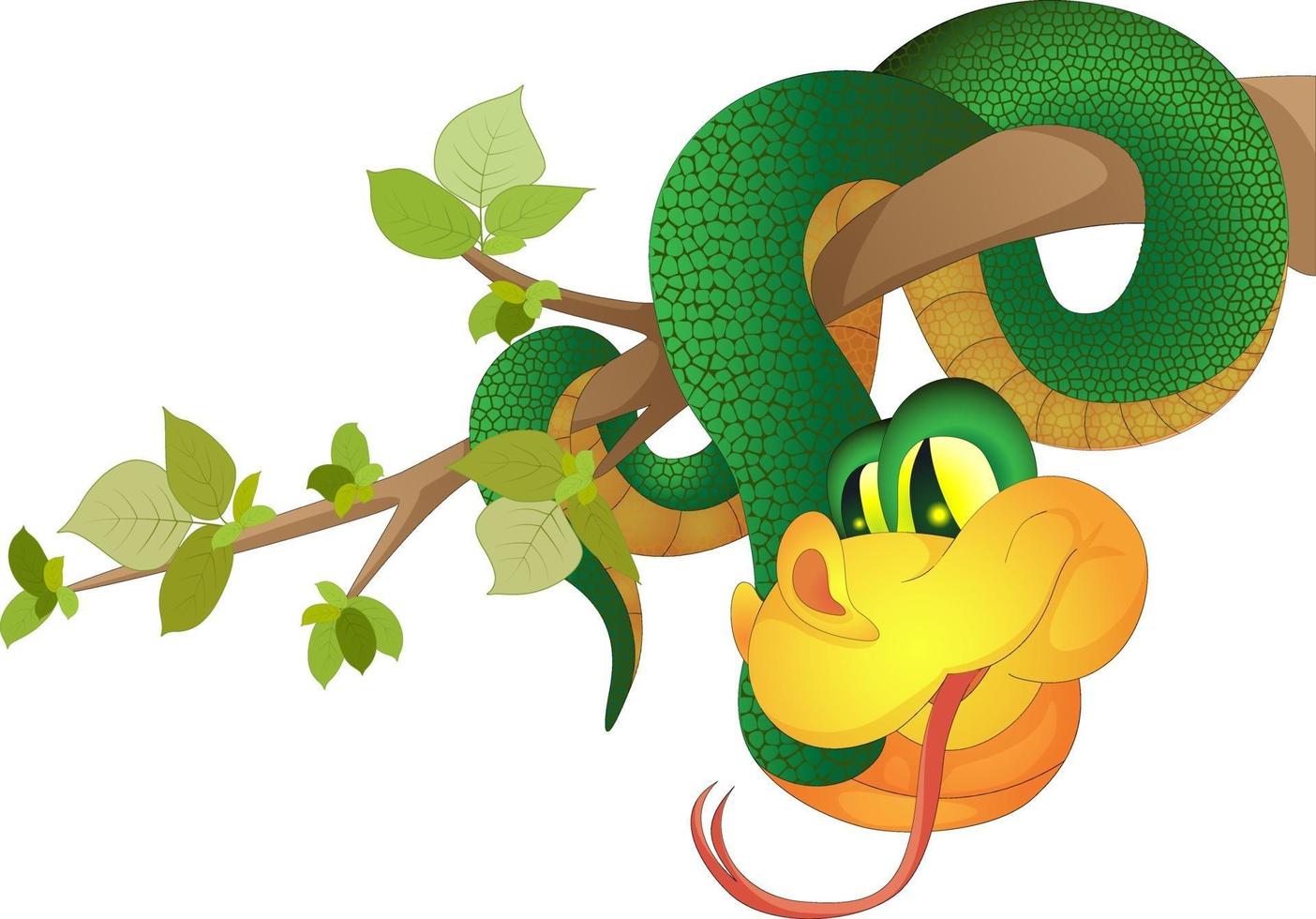 imagen vectorial de una serpiente verde colgando de la rama de un árbol hecha en estilo de dibujos animados, pero con un volumen. vector