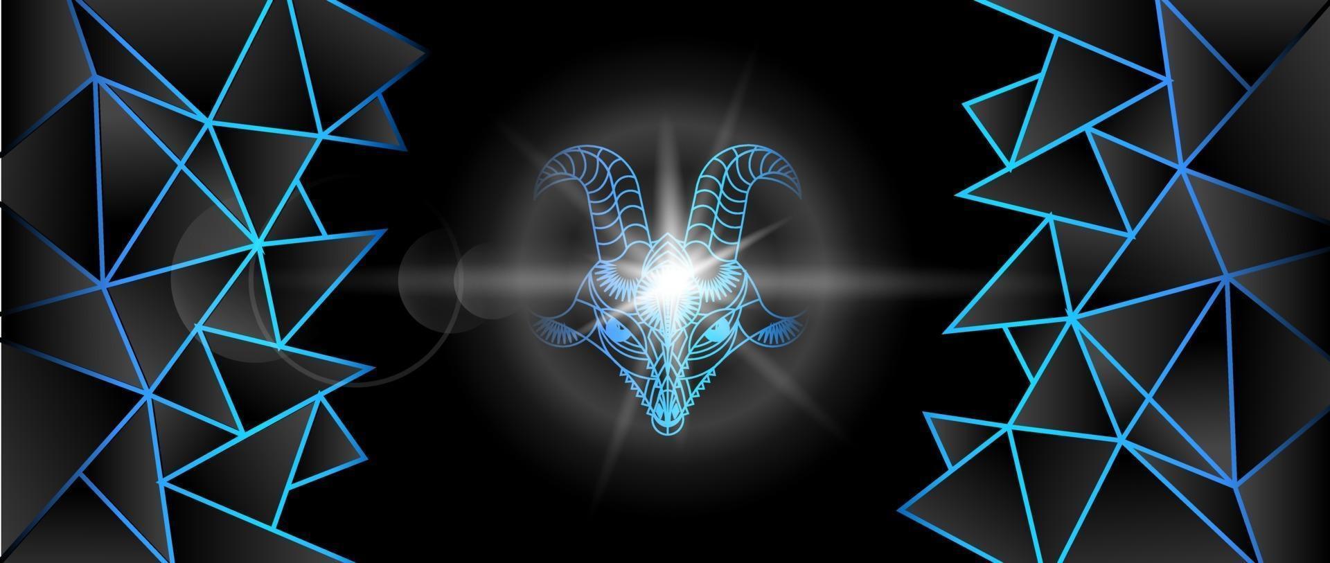 Big horned beast. Goat. Geometric interpretation. Background image in neon blue tones. Vector