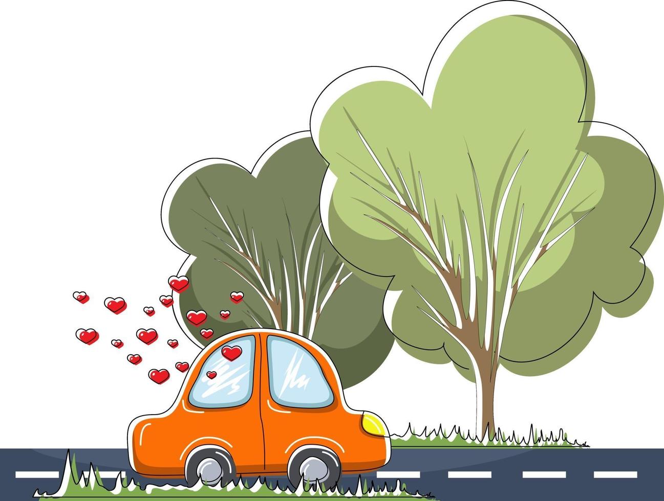 vector de la imagen de un coche conduciendo por una carretera asfaltada. Los corazones desde la ventanilla del automóvil indican una relación cálida entre las personas que viajan en él. el concepto de crear una familia o el nacimiento de sentimientos