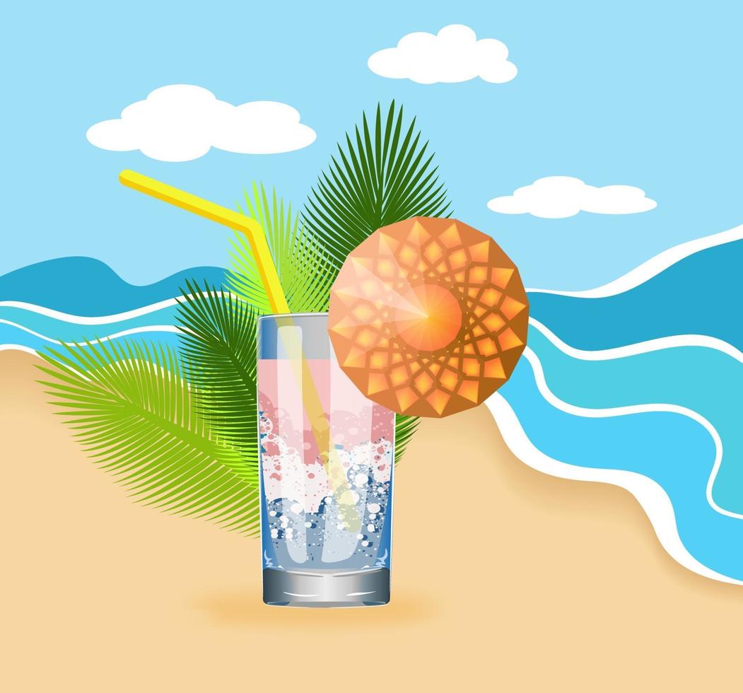 Vector image of a cocktail on the seashore, as a concept of saturation and freshness brought by a breeze, which is reflected in a cool cocktail filled with bubbles