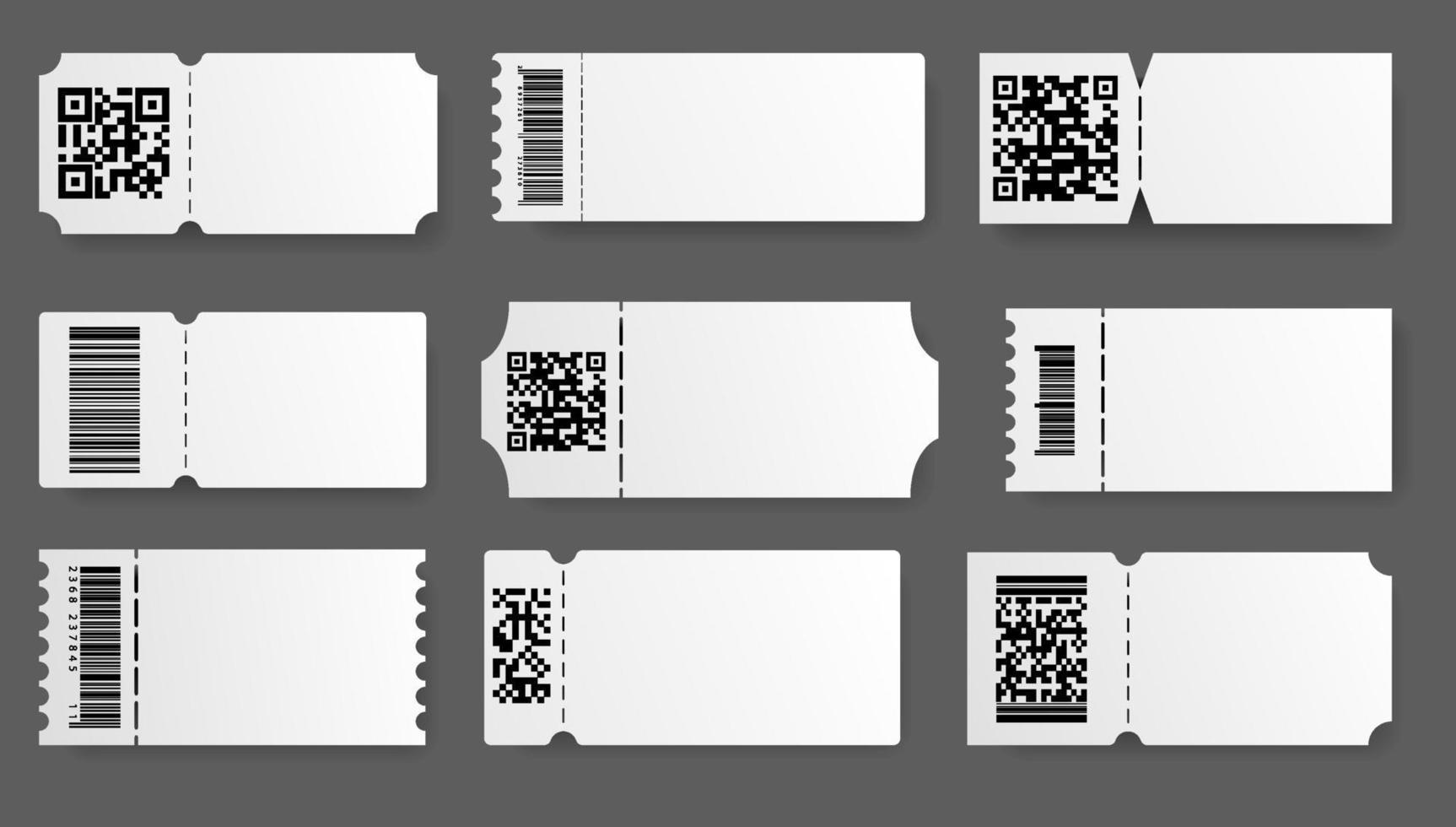 Ticket template. Coupon with barcode set. Vector empty realistic cards. Concert theater raffle tickets